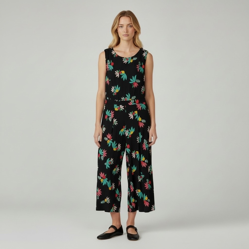 Emily and Fin | Jumpsuit Medium Black Floral Fruit Print Wide Leg Cotton